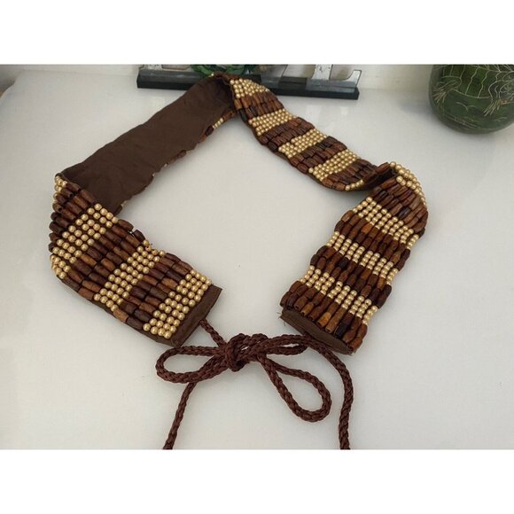Baba L.A. Clothing Handmade‎ India Wood Faux Pearl Beaded Belt Tie Belt Vtg 32\